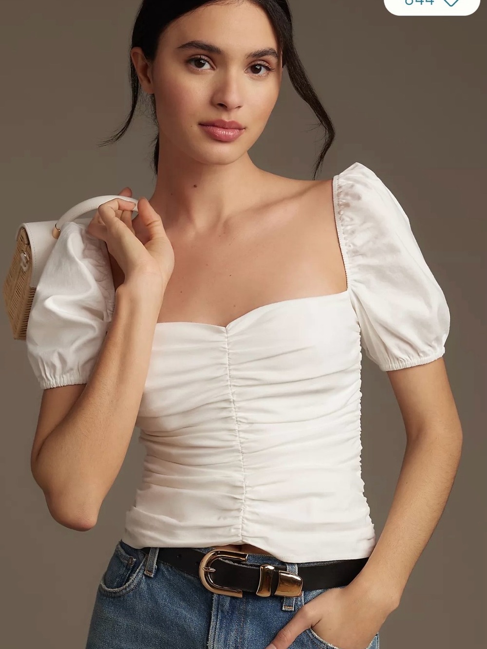 Reformation Radish Top White Puff-Sleeve Ruched Square-Neck Top